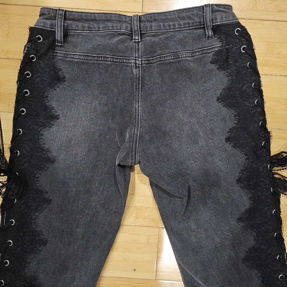 ~SOLD~Dolls Kill Current Mood Across The Crowd Gray Black Lace Up Flared Jeans S - Picture 7 of 10